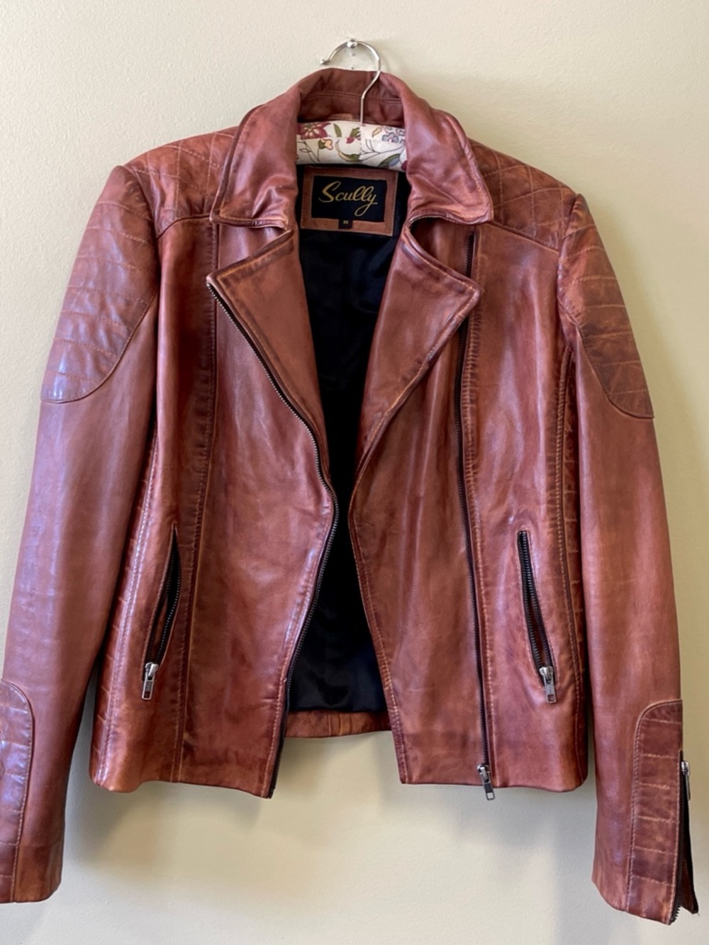 Scully | Leather Motorcycle Jacket w/Quilting, Vintage Brown, Sz S-M ♥  Like new